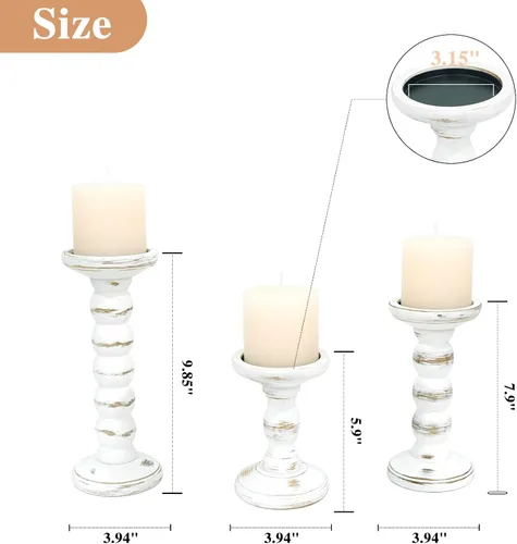 Vista 10 de Portavelas de madera, 3 piezas Portavelas rústicos blancos para velas de pilar, Portavelas decorativos de madera maciza Portavelas de madera