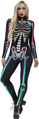 Vista 3 de Honeystore - Monos para disfraz de esqueleto para mujer, para Halloween, malla entera, leotardo, para cosplay.