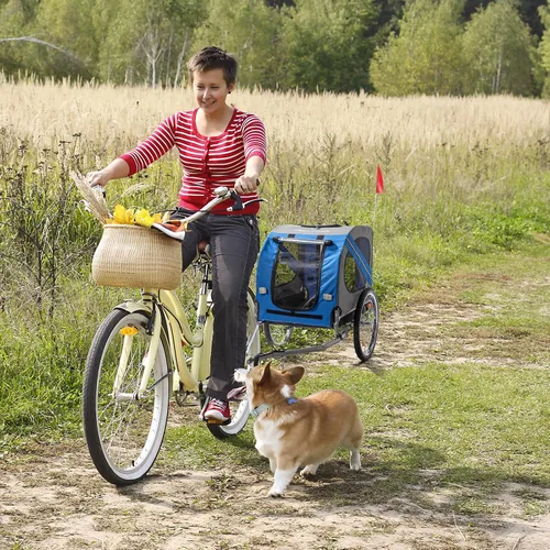 Vista 9 de PEXMOR Remolque de bicicleta para perros, carrito plegable para mascotas con enganche universal, transporte de carga para perro y ruedas de Azul