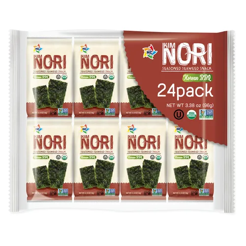 Vista 9 de KIMNORI Hojas de bocadillos de algas marinas sazonadas – Sabor dulce y picante con sal marina orgánica 24 paquetes individuales tostados crujientes