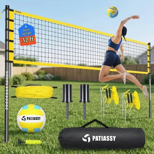 Vista 9 de Outdoor Volleyball Net for Backyard, 32FT Anti-Sag Net with Steel Poles 24-Ply Anti-Sag PE Net, 3 Official Adjustable Height, Easy Setup, Complete