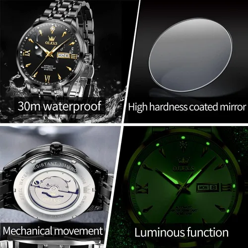 Vista 6 de OLEVS Reloj automático para hombre con calendario mecánico de cuerda automática, impermeable, de acero inoxidable, luminoso, de lujo, vestido