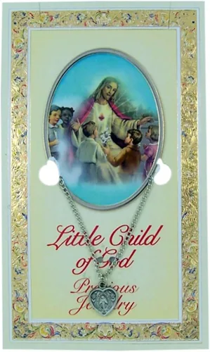 Vista 2 de Pequeño Niño de Dios Estaño medalla Milagrosa Colgante con forma de corazón con tarjeta de oración 16inch