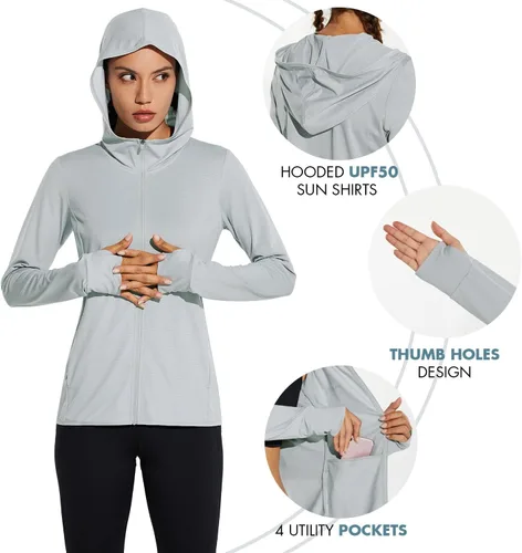 Vista 5 de baleaf Chaqueta de protección solar UPF 50+ para mujer, con capucha, con bolsillos, para senderismo, rendimiento al aire libre