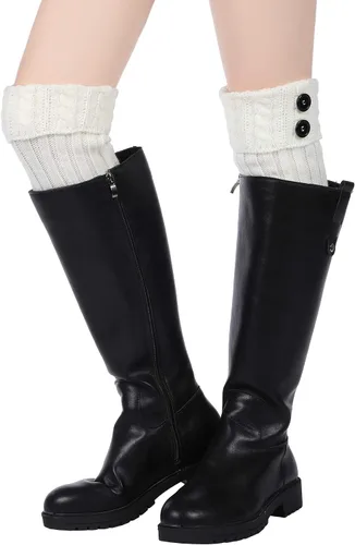 Vista 6 de Pangda 4 pares de calcetines de punto para botas con botones para mujer, calcetines cortos de punto de cable, Negro, blanco, beige y gris claro