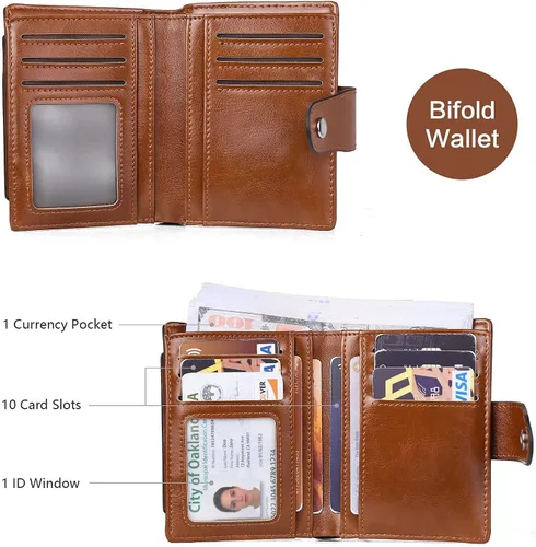 Vista 8 de BROMEN Maletín de cuero para mujer 15.6 pulgadas portátil bolso de hombro negro con marrón y mujeres cuero RFID blcoking cremallera cartera marrón