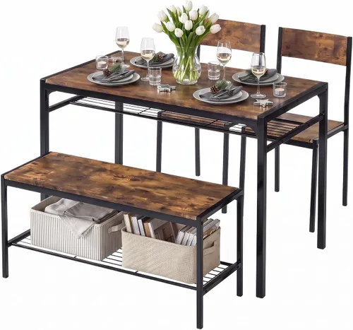 Vista 12 de VECELO Mesa de comedor de cocina con 2 sillas y banco, diseño compacto que ahorra espacio, marco de acero de fácil montaje, perfecta