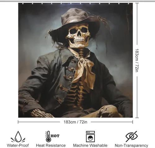 Vista 6 de YLATY3387 - Cortina de ducha de traje negro con calavera para baño, divertido juego de cortina de ducha de esqueleto hippie bohemio, tela de pintura