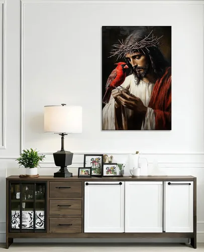 Vista 3 de Arte de pared de Jesús y cardenal, decoración de Cristo, cuadro enmarcado de Dios, pintura cristiana, inspiración religiosa, impresiones en lienzo