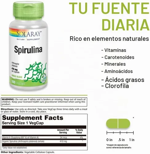 Vista 2 de SOLARAY Spirulina 410mg Superalimento de algas apoya energía, vitalidad y salud general 100 unidades, 100 Serv.