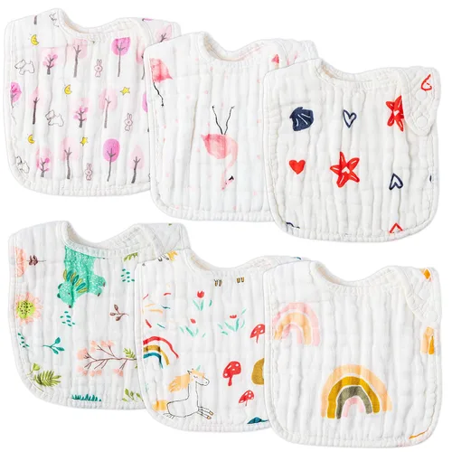 Vista 12 de Zainpe 6 piezas de baberos de algodón de muselina con broches para bebé con patrón de conejo, oso, oveja, pañuelos para babero suaves, absorbentes
