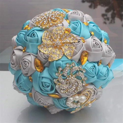 Vista 2 de Ramo de broche de 7 pulgadas para novia, dama de honor, ramo de boda con broches de cristal dorado, arreglo de centro de mesa, ramo floral