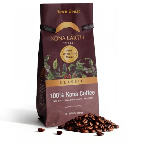 Vista 16 de KONA EARTH - 100% Café Kona, Tostado Medio Oscuro Clásico, Grano Entero (227 gramos) Café auténtico Kona hawaiano de la granja, tostado en lotes