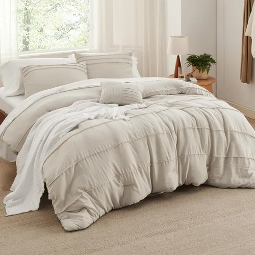 Bedsure - Juego de edredón individual de 3 piezas, beige bohemio, plisado