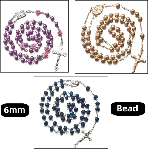 Vista 5 de SZQCZB 7 collares católicos con cuentas de rosario y 18 tarjetas sagradas, regalos de primera comunión católica, medalla y cruz de Our Rose Lourdes