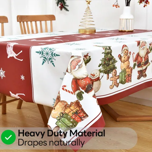 Vista 4 de Mantel de Navidad de vinilo resistente rojo de 54x54 pulgadas, mantel rectangular de Navidad, mantel de PVC reutilizable, impermeable, plegable