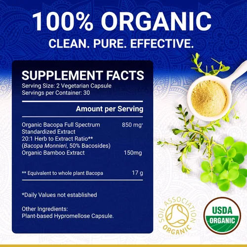 Vista 5 de True Veda Suplemento orgánico de Bacopa Monnieri – Extracto de Bacopa Premium Cápsulas Brahmi orgánicas certificadas por USDA con 50% de bacosidos