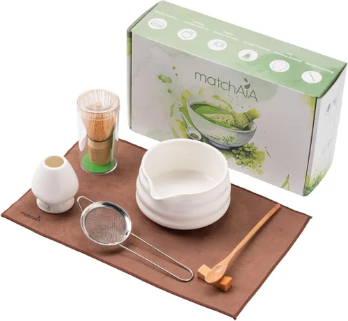 Vista 10 de MatchAiA Juego de batidor de matcha, cuenco de cerámica, batidor de bambú con soporte, tamiz, cuchara Schima, soporte para cuchara y toalla de té