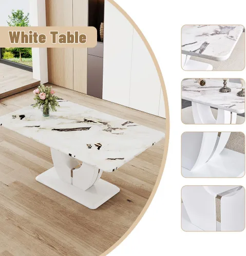 Vista 3 de JUFU Mesa de comedor de mármol sintético blanco para 6, con 6 sillas de comedor tapizadas de cuero PU
