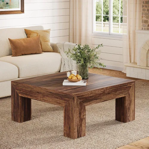 Vista 12 de Tribesigns - Mesa de café cuadrada estilo granja para sala de estar, mesa de centro baja grande de 39.37 pulgadas con patas resistentes, fácil Marrón