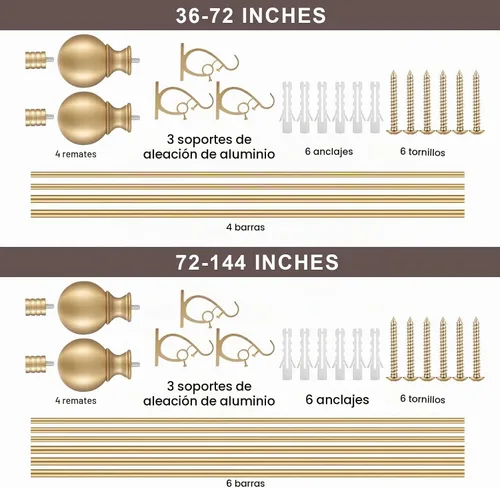 Vista 7 de Barra para cortinas decorativa dorada cálida, de 72-144 pulgadas, barra doble ajustable para cortinas con terminaciones redondas y en barril, de 1