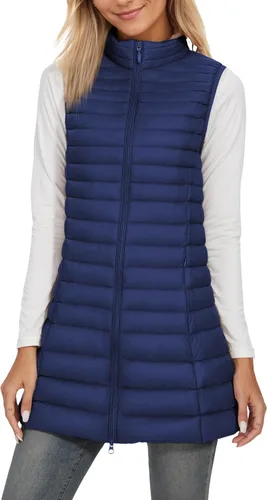 Vista 10 de ELFJOY Chaleco de plumón medio largo para mujer, chaleco acolchado ligero, chaqueta cortavientos elegante Negro
