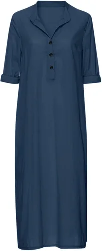 Vista 9 de Vestido de manga larga para mujer, casual, de algodón, lino, con botones, maxivestidos tipo caftán, blanco y azul