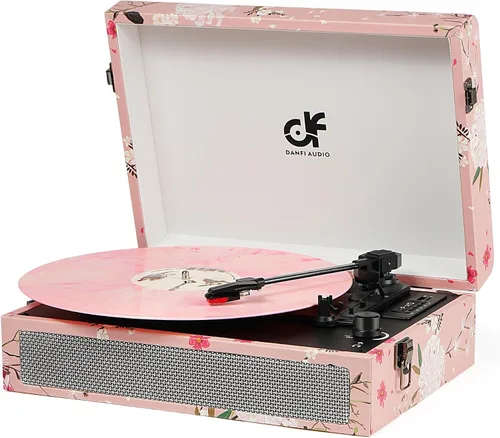 Vista 10 de Tocadiscos de vinilo Bluetooth con altavoces integrados, tocadiscos portátil vintage de 3 velocidades con auriculares de grabación USB/conector