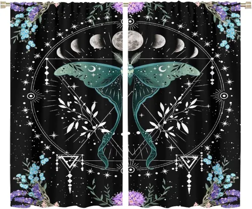 Vista 53 de Cortinas de mariposa de fantasía, polilla, sol, luna, estrella, arte floral, estampado floral, bolsillo para barra, cortinas opacas para ventana