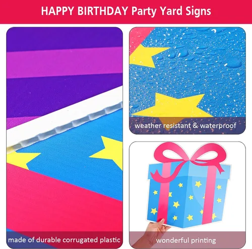 Vista 4 de Yulejo Letreros de feliz cumpleaños de 17 piezas, letras de 16 pulgadas, letreros de césped con estacas, impermeables, multicolor