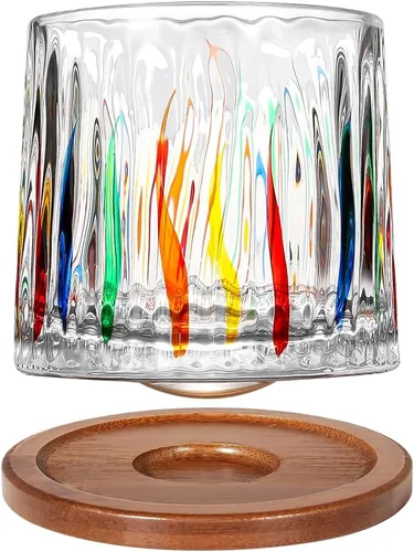 Vista 28 de Vaso de vidrio antiguo giratorio, 275ml/10oz Juego de vasos de whisky de cristal de 2 piezas, posavasos de madera, engrosamiento, utilizado como