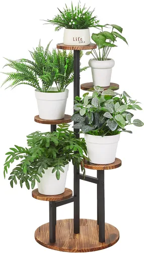 Vista 8 de VECELO Soporte para Plantas de 3 Niveles Interior y Exterior, Estante Alto de Metal y Madera para Flores y Múltiples Plantas, Pequeño Estante