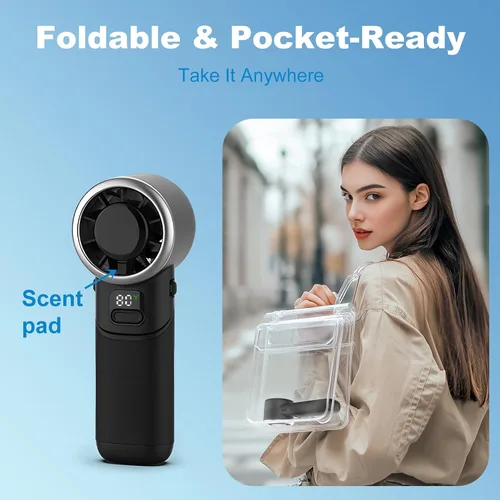 Vista 4 de Ventilador turbo portátil de mano, mini ventilador personal recargable por USB, pantalla LED, 5 velocidades, tiempo de enfriamiento de 10 horas