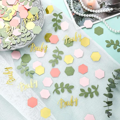 Vista 4 de 220 piezas de decoración de mesa de confeti para baby shower con eucalipto verde salvia dorado papel neutro de confeti disperso forma hexagonal