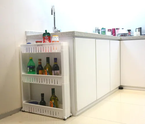 Vista 5 de Estante organizador móvil para lavandería con 5 grandes cestas de almacenamiento, diseño delgado ideal para espacios estrechos, PP, 3 niveles.