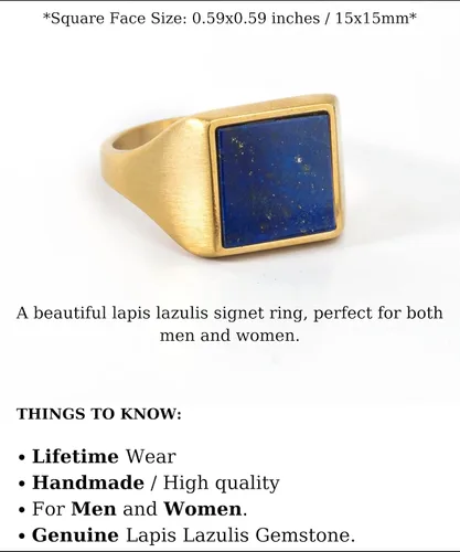 Vista 8 de Anillo cuadrado de sello de lapislázulis, joyería azul del lapislázuli, Oro, Lapislázuli