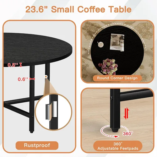 Vista 5 de Mesa de Café FAMIDGE, Mesas de Café de 23.6" para Sala de Estar, Mesa de Café Redonda con Marco de Metal, Mesa de Piso para Sentarse en el Suelo