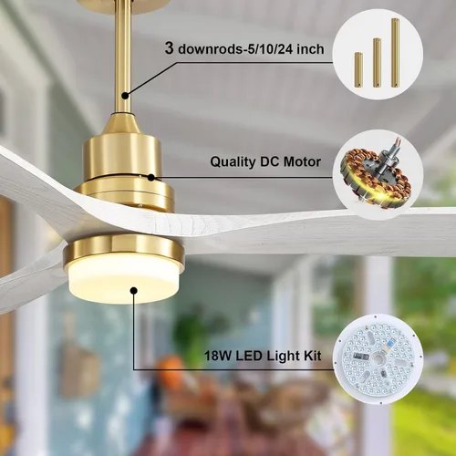 Vista 2 de Sofucor Ventiladores de techo de madera maciza de 52 pulgadas con luces y control remoto, ventilador de techo regulable de 6 velocidades