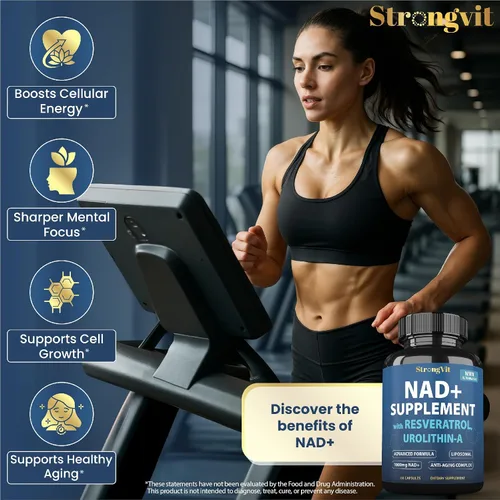 Vista 5 de StrongVit Suplemento NAD con Resveratrol y Urolithin-A, Complejo Anti-Edad para Mujeres y Hombres. NAD Liposomal Plus, 1000mg de Potenciador NAD+
