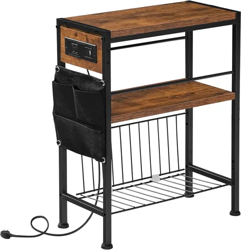Vista 10 de HOOBRO Mesa auxiliar con estación de carga, mesa auxiliar pequeña con soporte para revistas, mesita de noche, estante de almacenamiento de 3 niveles