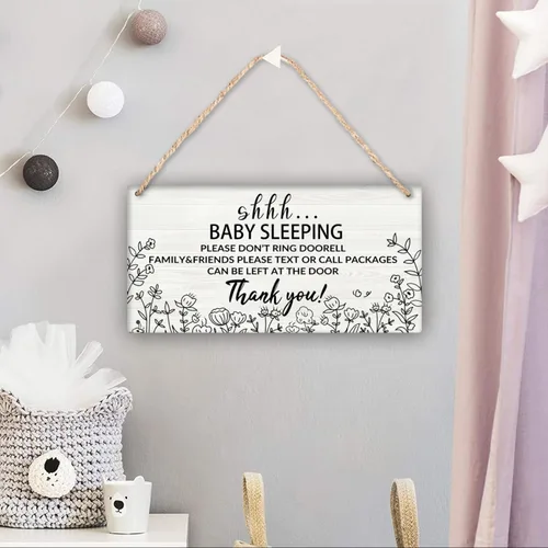 Vista 4 de Colgador de puerta para dormir para bebé, 12 x 6 pulgadas, placa de madera para el hogar, guardería, porche, patio Bebé durmiendo