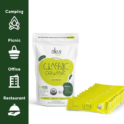 Vista 2 de Paquetes de aceite de oliva Olizzi Classic Organic Extra Virgen, nueva cosecha, galardonada, prensado en frío, certificado orgánico USDA, porción