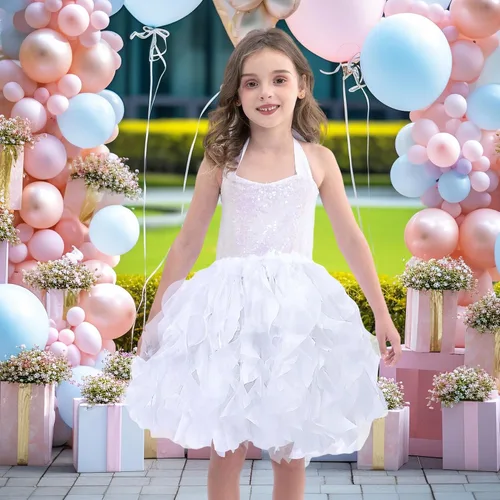 Vista 5 de Vestido tutú para niñas con capas de organza y sauces, traje de cumpleaños, vestido de fiesta de tul con lentejuelas para Pascua, cumpleaños