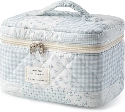 Vista 21 de HBselect Bolsa de Maquillaje Acolchada, Bolsa de Maquillaje Grande de Algodón para Viaje, Lindas Bolsas de Maquillaje con Flores Coquette, Bolsas