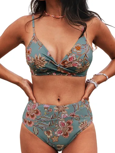 Vista 21 de CUPSHE Conjunto de bikini de dos piezas con cuello en V y cintura alta para Negro/Verde