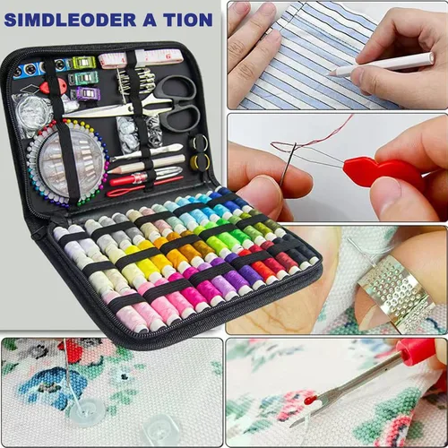 Vista 4 de JUNING Kit de costura con estuche negro, suministros de costura portátiles para el hogar, viajes, adultos, principiantes, emergencias, 42 hilos