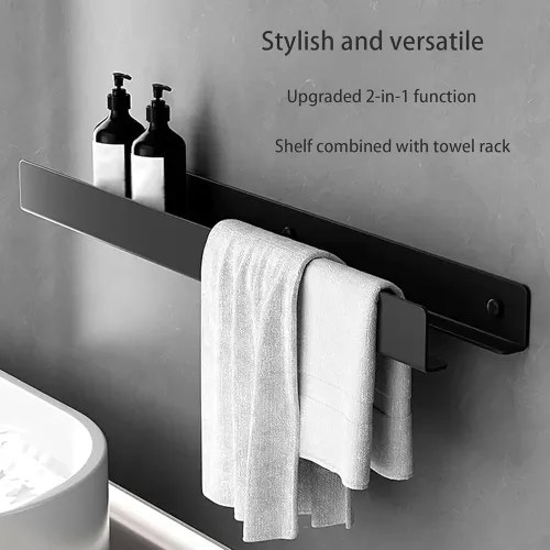 Vista 4 de Unidad de almacenamiento de baño de acero inoxidable con gancho para toallas, estante de ducha sin taladros o perforación, organizador para Negro