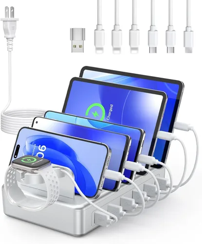 Vista 9 de Estación de Carga para Múltiples Dispositivos, CREATIVE DESIGN Estación de Carga USB 50W de 6 Puertos con Soporte para Apple Watch y 6 Cables