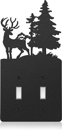Vista 13 de Cubierta de Interruptor de Luz de Oso de Metal Alce Árbol Montaña Alce Placa de Interruptor de Luz Negra Cubierta de Enchufe de Bosque Interruptor
