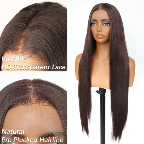 Vista 3 de SOKU 13x6 Peluca de encaje frontal HD transparente de 32" con cabello de bebé sintético pre-depilado resistente al calor de parte libre marrón